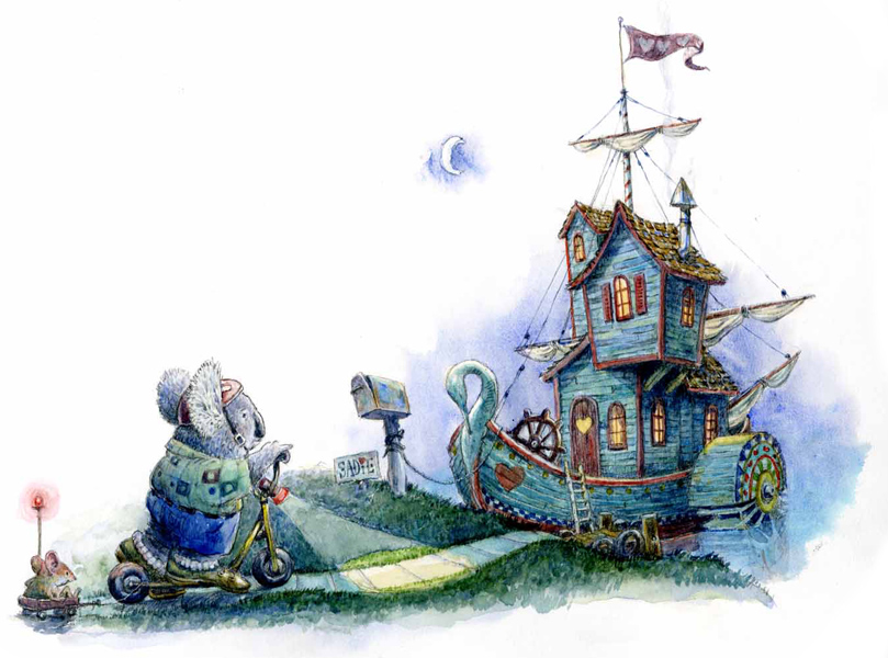 Art:  ‘HOUSEBOAT HOME’ (Mort the koala bear comes calling at a fanciful houseboat home.)  Original children’s book art by artist Jim Harris.
